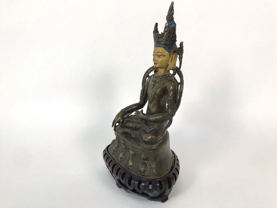Old Tibetan Seated Buddha Akshobhya Figure Statue Signed With Wooden Stand 5W X 4D X 8.5H [Photo 19]