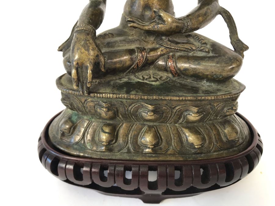 Old Tibetan Seated Buddha Akshobhya Figure Statue Signed With Wooden Stand 5W X 4D X 8.5H [Photo 3]