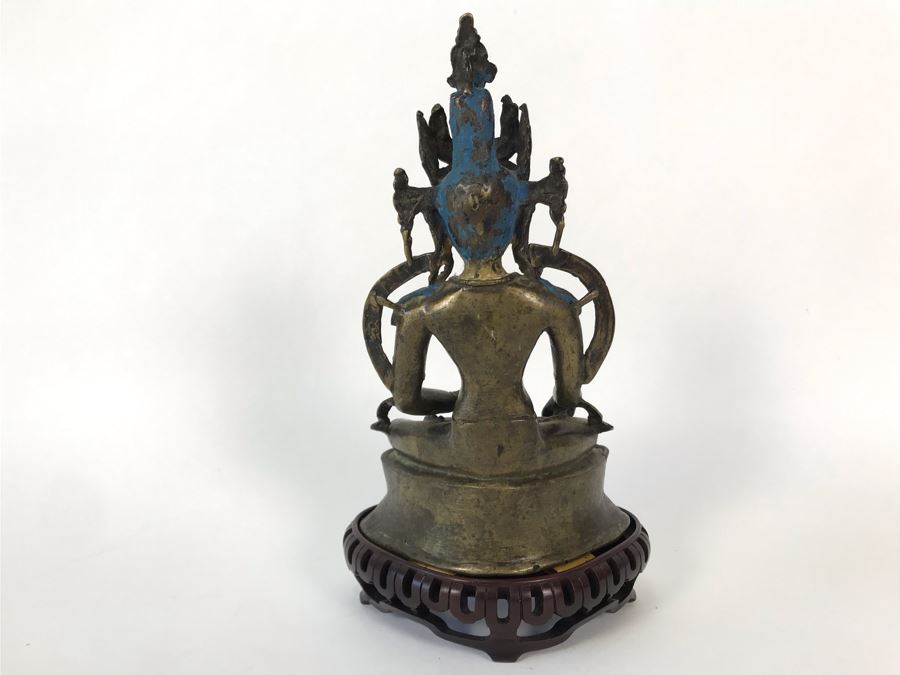 Old Tibetan Seated Buddha Akshobhya Figure Statue Signed With Wooden Stand 5W X 4D X 8.5H [Photo 18]