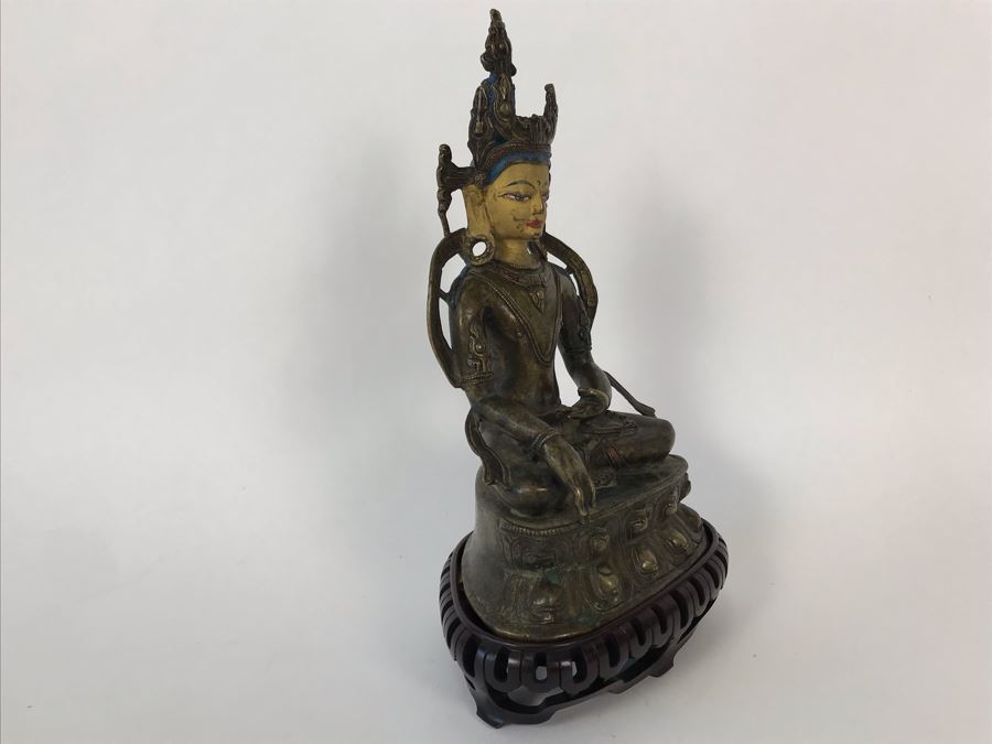 Old Tibetan Seated Buddha Akshobhya Figure Statue Signed With Wooden Stand 5W X 4D X 8.5H [Photo 13]