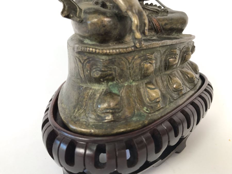 Old Tibetan Seated Buddha Akshobhya Figure Statue Signed With Wooden Stand 5W X 4D X 8.5H [Photo 14]