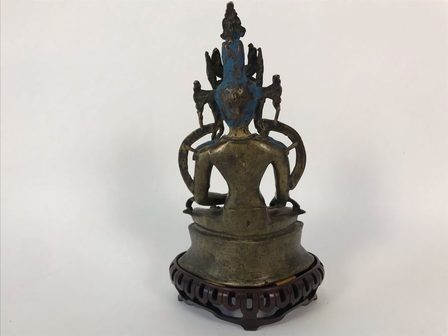 Old Tibetan Seated Buddha Akshobhya Figure Statue Signed With Wooden Stand 5W X 4D X 8.5H [Photo 17]