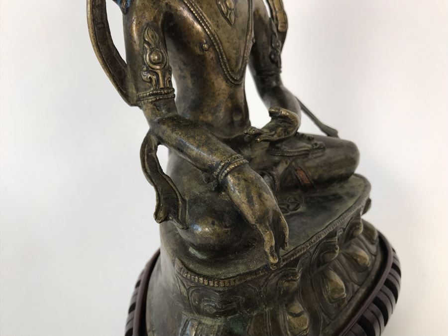 Old Tibetan Seated Buddha Akshobhya Figure Statue Signed With Wooden Stand 5W X 4D X 8.5H [Photo 15]