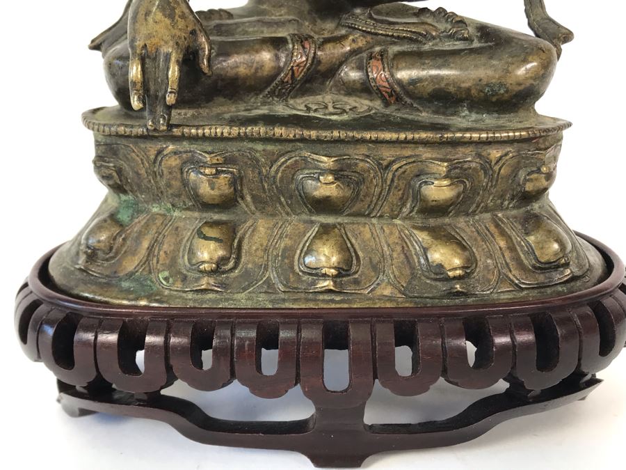 Old Tibetan Seated Buddha Akshobhya Figure Statue Signed With Wooden Stand 5W X 4D X 8.5H [Photo 11]