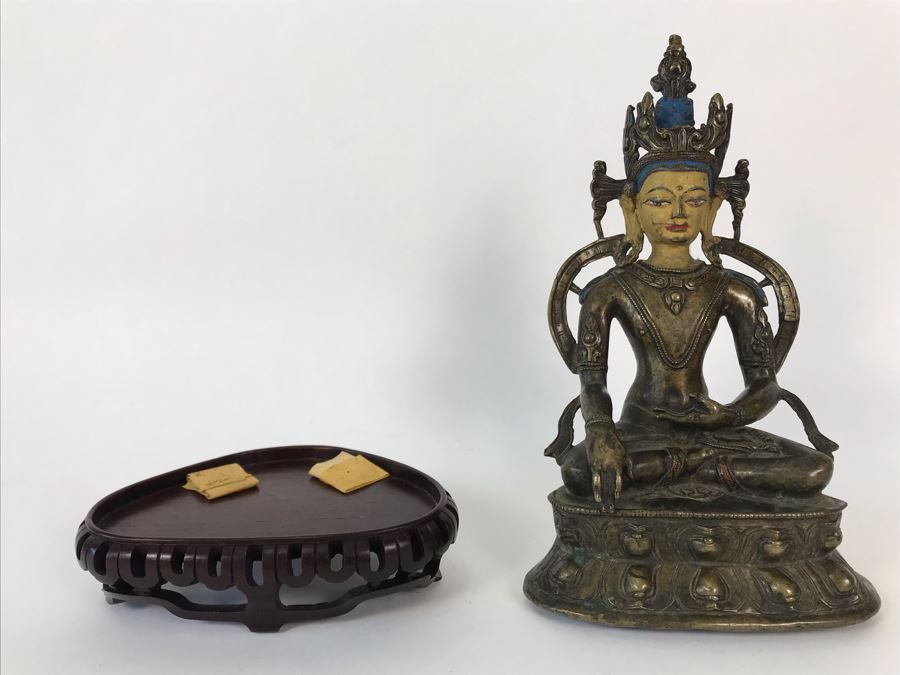 Old Tibetan Seated Buddha Akshobhya Figure Statue Signed With Wooden Stand 5W X 4D X 8.5H [Photo 5]