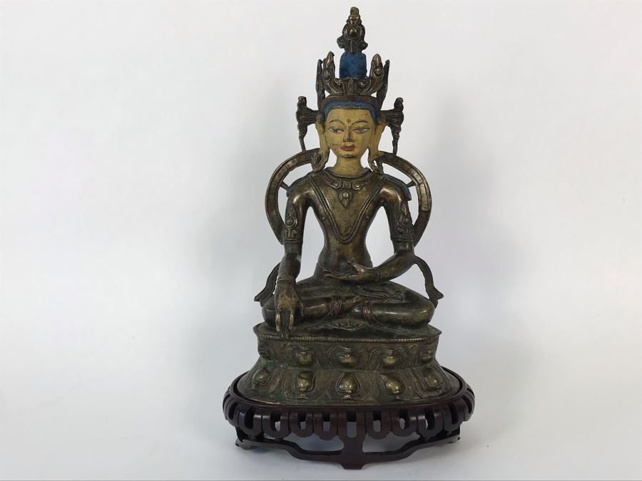 Old Tibetan Seated Buddha Akshobhya Figure Statue Signed With Wooden Stand 5W X 4D X 8.5H [Photo 6]