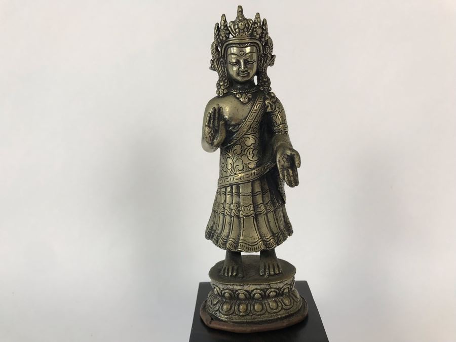 Vintage Metal Nepalese Dipankara Buddha Sculpture 2.5W X 2D X 6.5H With Wooden Base 3W [Photo 5]