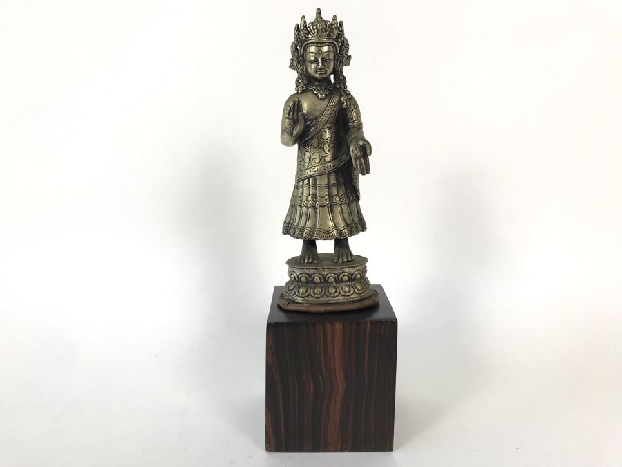 Vintage Metal Nepalese Dipankara Buddha Sculpture 2.5W X 2D X 6.5H With Wooden Base 3W [Photo 3]