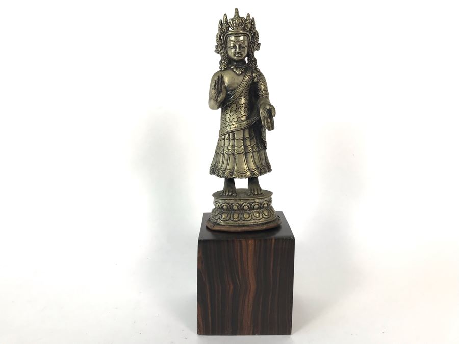 Vintage Metal Nepalese Dipankara Buddha Sculpture 2.5W X 2D X 6.5H With Wooden Base 3W [Photo 1]