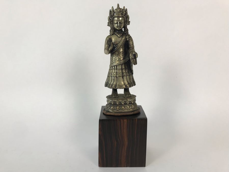 Vintage Metal Nepalese Dipankara Buddha Sculpture 2.5W X 2D X 6.5H With Wooden Base 3W [Photo 4]