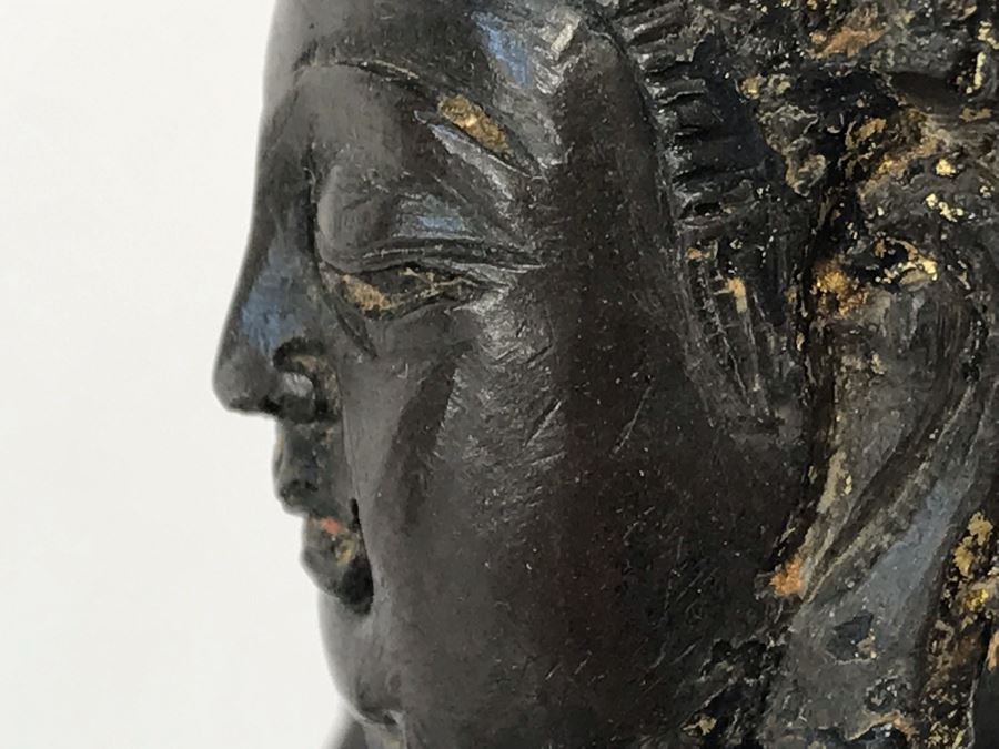 Antique Large Bodhisattva Seated On Elephant Gilded Metal Figure Statue 7.5W X 5D X 9.5H With Custom Wooden Base (Wooden Base Has Some Damage) 8W X 5.5D X 2.5H Appraised $2,500-$3,000 In 1994 [Photo 34]