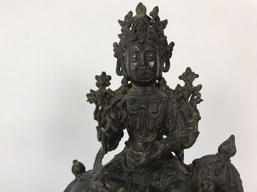 Antique Large Bodhisattva Seated On Elephant Gilded Metal Figure Statue 7.5W X 5D X 9.5H With Custom Wooden Base (Wooden Base Has Some Damage) 8W X 5.5D X 2.5H Appraised $2,500-$3,000 In 1994 [Photo 7]