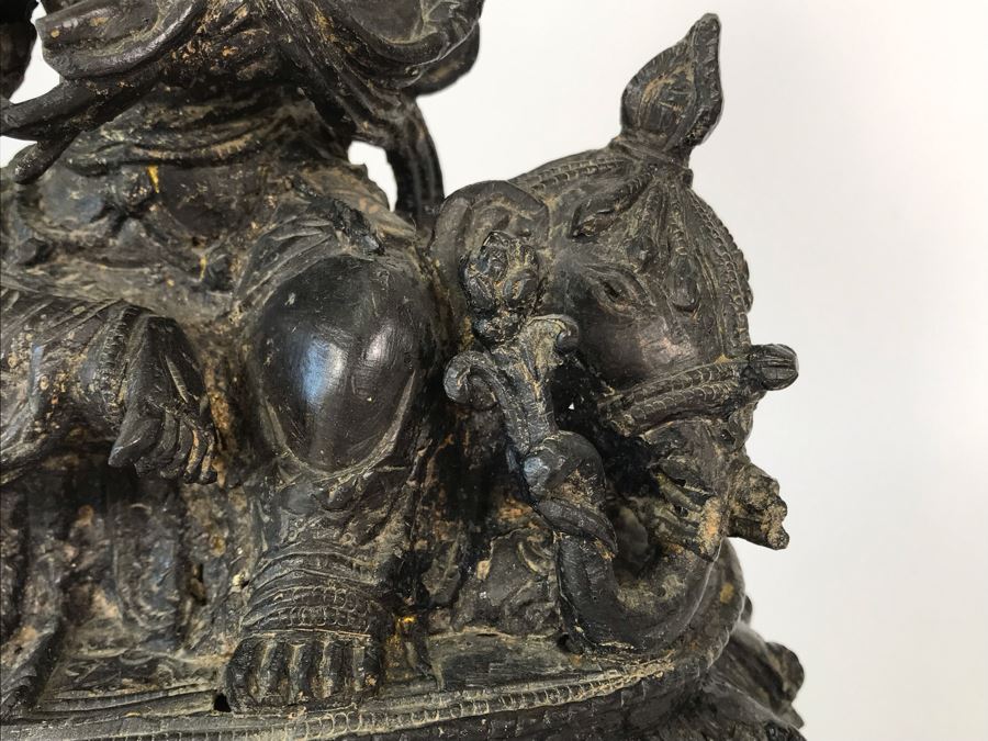 Antique Large Bodhisattva Seated On Elephant Gilded Metal Figure Statue 7.5W X 5D X 9.5H With Custom Wooden Base (Wooden Base Has Some Damage) 8W X 5.5D X 2.5H Appraised $2,500-$3,000 In 1994 [Photo 15]