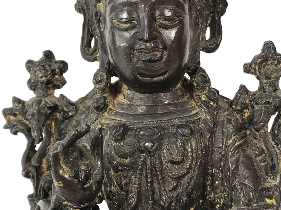 Antique Large Bodhisattva Seated On Elephant Gilded Metal Figure Statue 7.5W X 5D X 9.5H With Custom Wooden Base (Wooden Base Has Some Damage) 8W X 5.5D X 2.5H Appraised $2,500-$3,000 In 1994 [Photo 4]