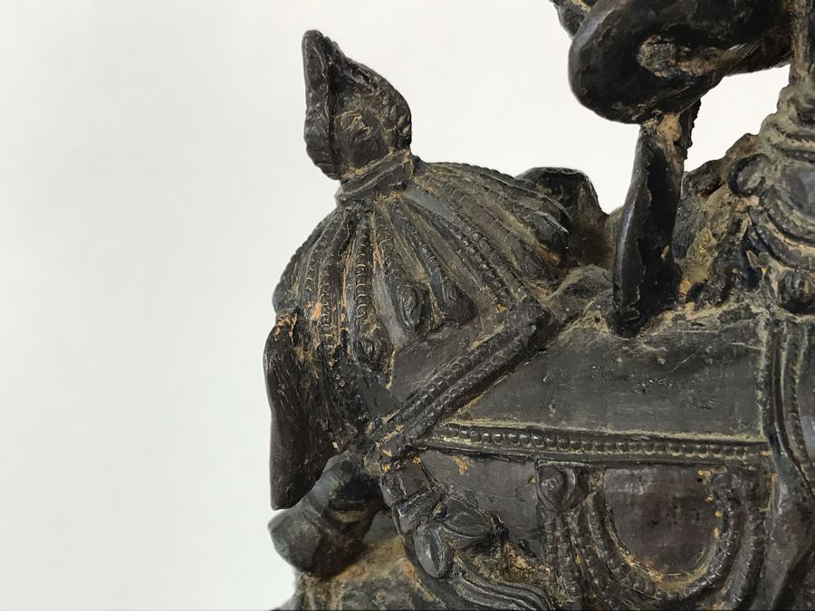 Antique Large Bodhisattva Seated On Elephant Gilded Metal Figure Statue 7.5W X 5D X 9.5H With Custom Wooden Base (Wooden Base Has Some Damage) 8W X 5.5D X 2.5H Appraised $2,500-$3,000 In 1994 [Photo 25]