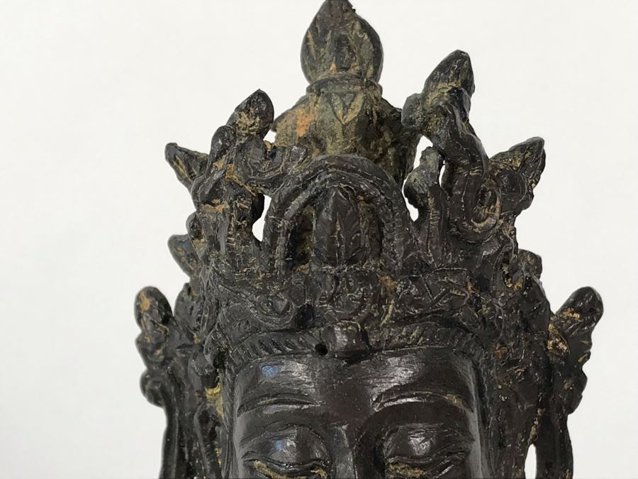 Antique Large Bodhisattva Seated On Elephant Gilded Metal Figure Statue 7.5W X 5D X 9.5H With Custom Wooden Base (Wooden Base Has Some Damage) 8W X 5.5D X 2.5H Appraised $2,500-$3,000 In 1994 [Photo 10]