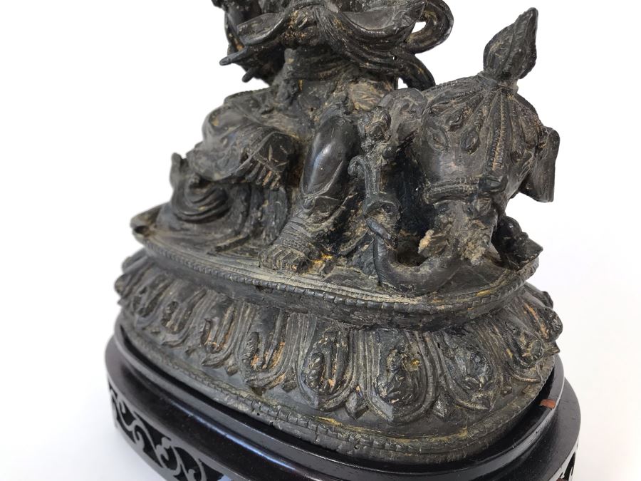 Antique Large Bodhisattva Seated On Elephant Gilded Metal Figure Statue 7.5W X 5D X 9.5H With Custom Wooden Base (Wooden Base Has Some Damage) 8W X 5.5D X 2.5H Appraised $2,500-$3,000 In 1994 [Photo 36]