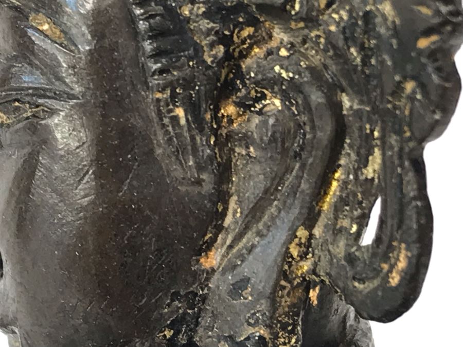 Antique Large Bodhisattva Seated On Elephant Gilded Metal Figure Statue 7.5W X 5D X 9.5H With Custom Wooden Base (Wooden Base Has Some Damage) 8W X 5.5D X 2.5H Appraised $2,500-$3,000 In 1994 [Photo 33]