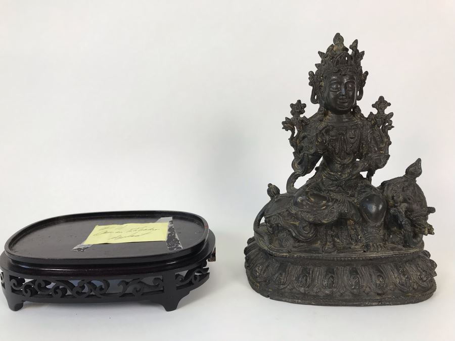 Antique Large Bodhisattva Seated On Elephant Gilded Metal Figure Statue 7.5W X 5D X 9.5H With Custom Wooden Base (Wooden Base Has Some Damage) 8W X 5.5D X 2.5H Appraised $2,500-$3,000 In 1994 [Photo 44]