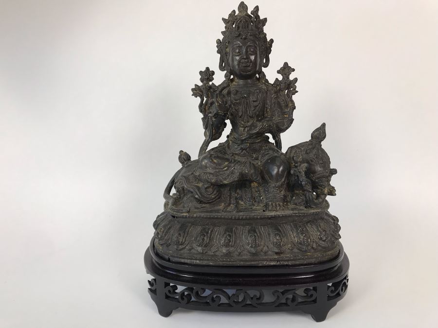 Antique Large Bodhisattva Seated On Elephant Gilded Metal Figure Statue 7.5W X 5D X 9.5H With Custom Wooden Base (Wooden Base Has Some Damage) 8W X 5.5D X 2.5H Appraised $2,500-$3,000 In 1994 [Photo 5]