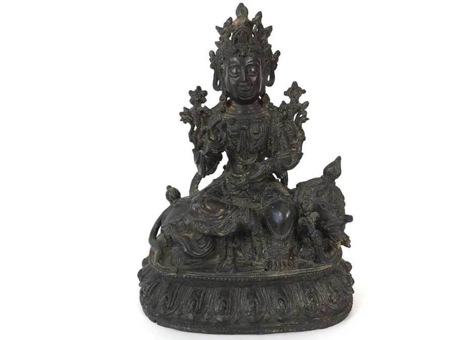 Antique Large Bodhisattva Seated On Elephant Gilded Metal Figure Statue 7.5W X 5D X 9.5H With Custom Wooden Base (Wooden Base Has Some Damage) 8W X 5.5D X 2.5H Appraised $2,500-$3,000 In 1994 [Photo 2]