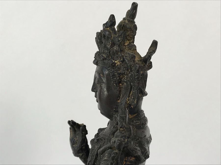 Antique Large Bodhisattva Seated On Elephant Gilded Metal Figure Statue 7.5W X 5D X 9.5H With Custom Wooden Base (Wooden Base Has Some Damage) 8W X 5.5D X 2.5H Appraised $2,500-$3,000 In 1994 [Photo 35]