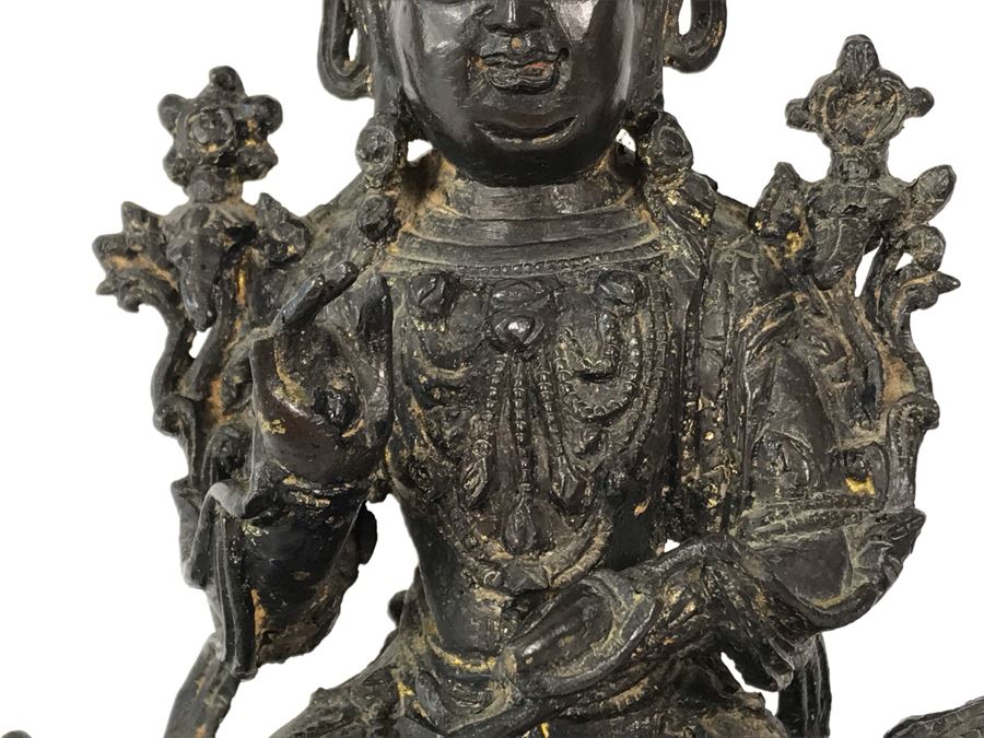 Antique Large Bodhisattva Seated On Elephant Gilded Metal Figure Statue 7.5W X 5D X 9.5H With Custom Wooden Base (Wooden Base Has Some Damage) 8W X 5.5D X 2.5H Appraised $2,500-$3,000 In 1994 [Photo 11]