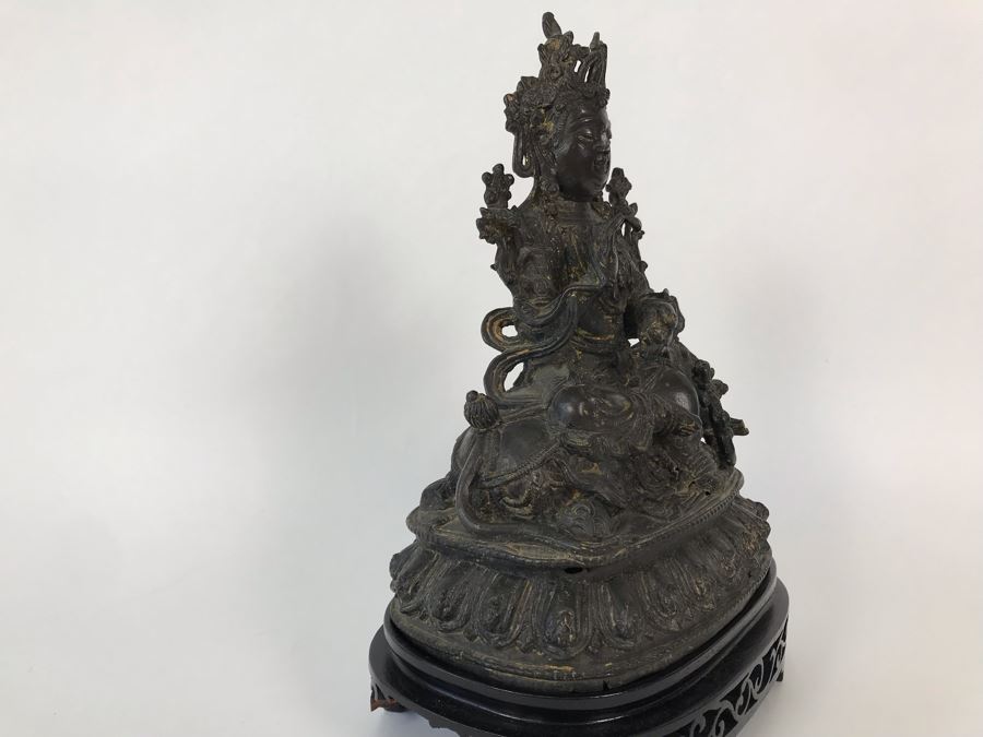 Antique Large Bodhisattva Seated On Elephant Gilded Metal Figure Statue 7.5W X 5D X 9.5H With Custom Wooden Base (Wooden Base Has Some Damage) 8W X 5.5D X 2.5H Appraised $2,500-$3,000 In 1994 [Photo 17]