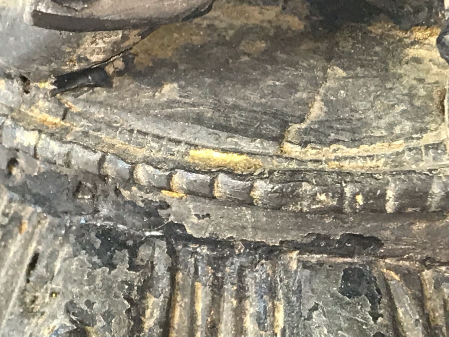 Antique Large Bodhisattva Seated On Elephant Gilded Metal Figure Statue 7.5W X 5D X 9.5H With Custom Wooden Base (Wooden Base Has Some Damage) 8W X 5.5D X 2.5H Appraised $2,500-$3,000 In 1994 [Photo 32]