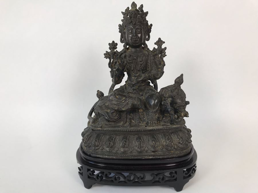 Antique Large Bodhisattva Seated On Elephant Gilded Metal Figure Statue 7.5W X 5D X 9.5H With Custom Wooden Base (Wooden Base Has Some Damage) 8W X 5.5D X 2.5H Appraised $2,500-$3,000 In 1994 [Photo 6]