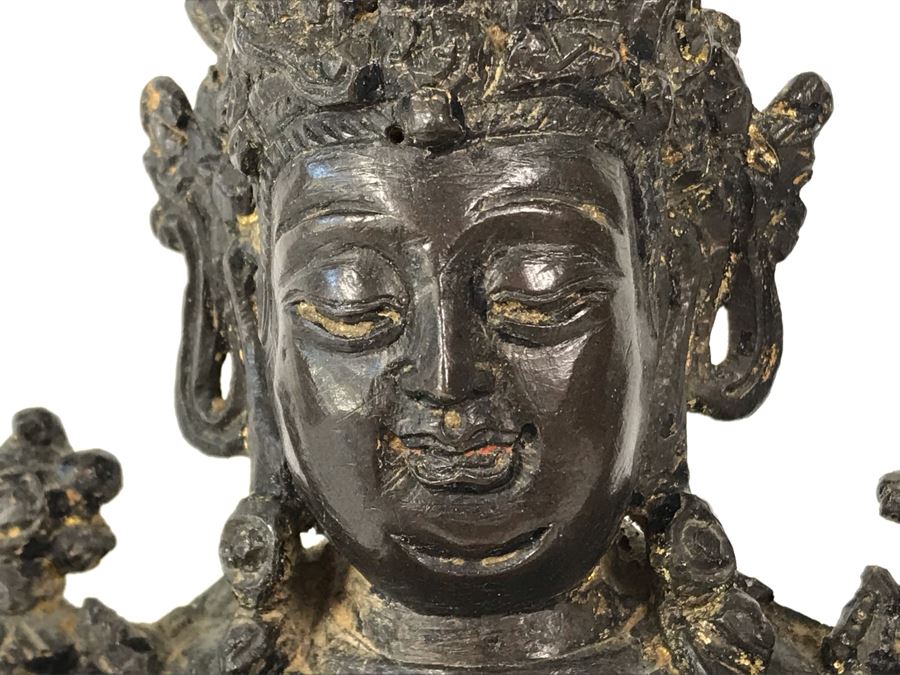 Antique Large Bodhisattva Seated On Elephant Gilded Metal Figure Statue 7.5W X 5D X 9.5H With Custom Wooden Base (Wooden Base Has Some Damage) 8W X 5.5D X 2.5H Appraised $2,500-$3,000 In 1994 [Photo 9]