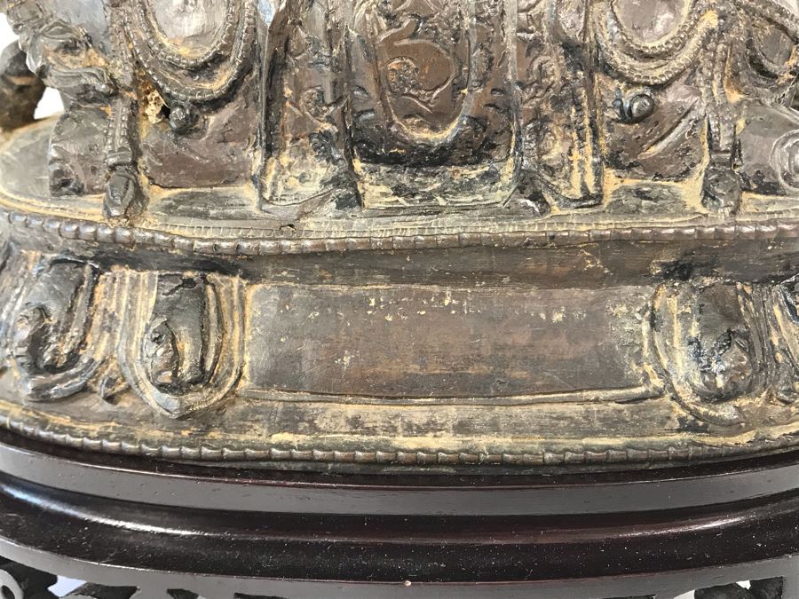 Antique Large Bodhisattva Seated On Elephant Gilded Metal Figure Statue 7.5W X 5D X 9.5H With Custom Wooden Base (Wooden Base Has Some Damage) 8W X 5.5D X 2.5H Appraised $2,500-$3,000 In 1994 [Photo 23]