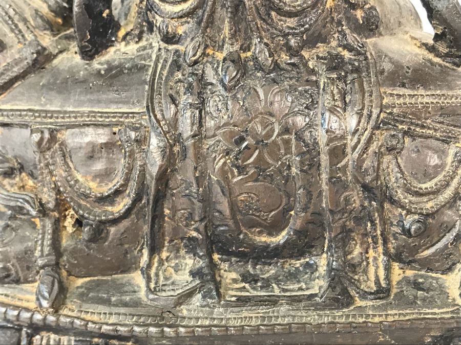 Antique Large Bodhisattva Seated On Elephant Gilded Metal Figure Statue 7.5W X 5D X 9.5H With Custom Wooden Base (Wooden Base Has Some Damage) 8W X 5.5D X 2.5H Appraised $2,500-$3,000 In 1994 [Photo 24]