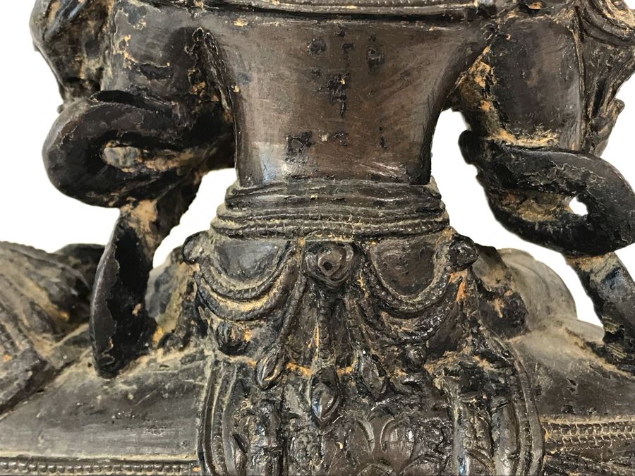 Antique Large Bodhisattva Seated On Elephant Gilded Metal Figure Statue 7.5W X 5D X 9.5H With Custom Wooden Base (Wooden Base Has Some Damage) 8W X 5.5D X 2.5H Appraised $2,500-$3,000 In 1994 [Photo 26]