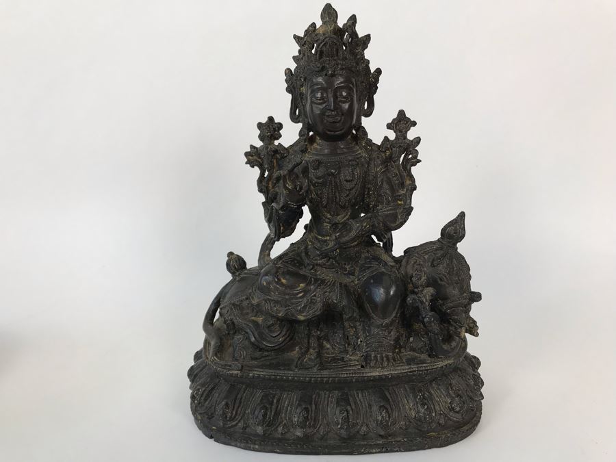 Antique Large Bodhisattva Seated On Elephant Gilded Metal Figure Statue 7.5W X 5D X 9.5H With Custom Wooden Base (Wooden Base Has Some Damage) 8W X 5.5D X 2.5H Appraised $2,500-$3,000 In 1994 [Photo 45]