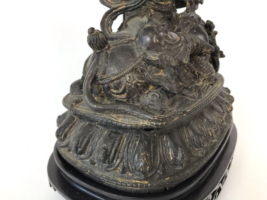 Antique Large Bodhisattva Seated On Elephant Gilded Metal Figure Statue 7.5W X 5D X 9.5H With Custom Wooden Base (Wooden Base Has Some Damage) 8W X 5.5D X 2.5H Appraised $2,500-$3,000 In 1994 [Photo 19]