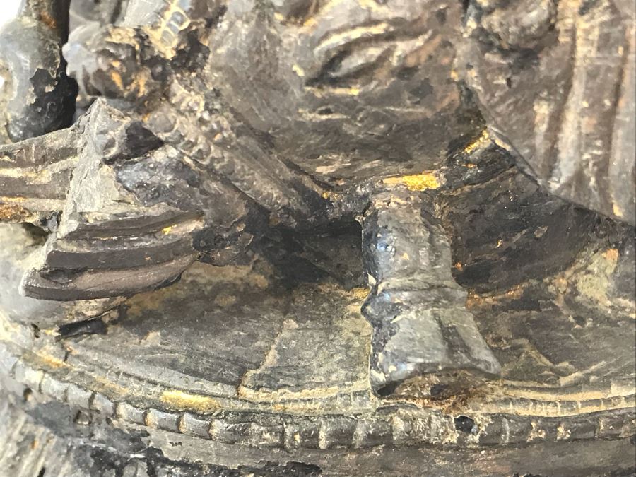 Antique Large Bodhisattva Seated On Elephant Gilded Metal Figure Statue 7.5W X 5D X 9.5H With Custom Wooden Base (Wooden Base Has Some Damage) 8W X 5.5D X 2.5H Appraised $2,500-$3,000 In 1994 [Photo 29]