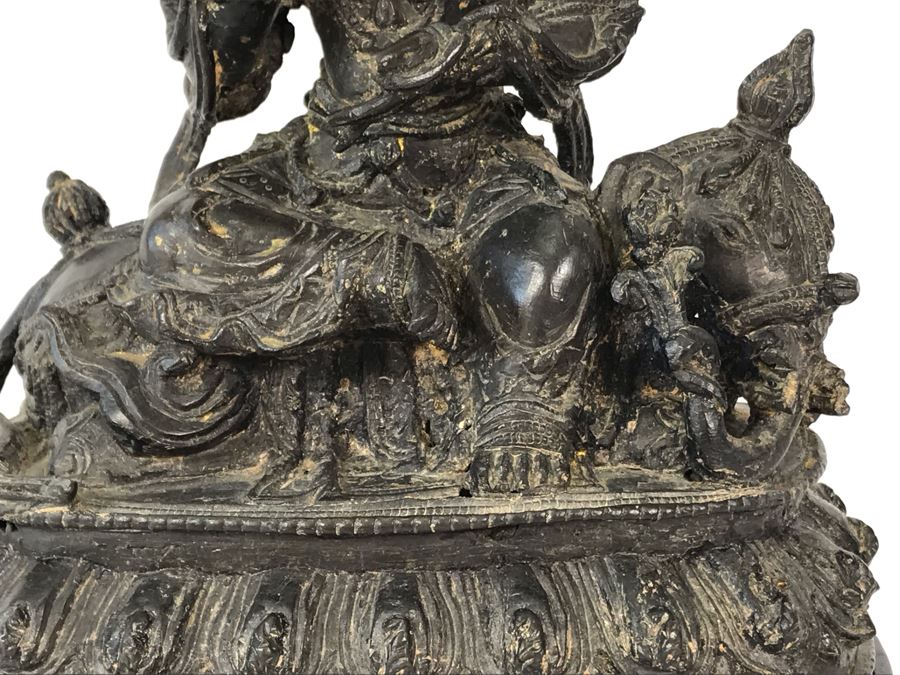 Antique Large Bodhisattva Seated On Elephant Gilded Metal Figure Statue 7.5W X 5D X 9.5H With Custom Wooden Base (Wooden Base Has Some Damage) 8W X 5.5D X 2.5H Appraised $2,500-$3,000 In 1994 [Photo 13]