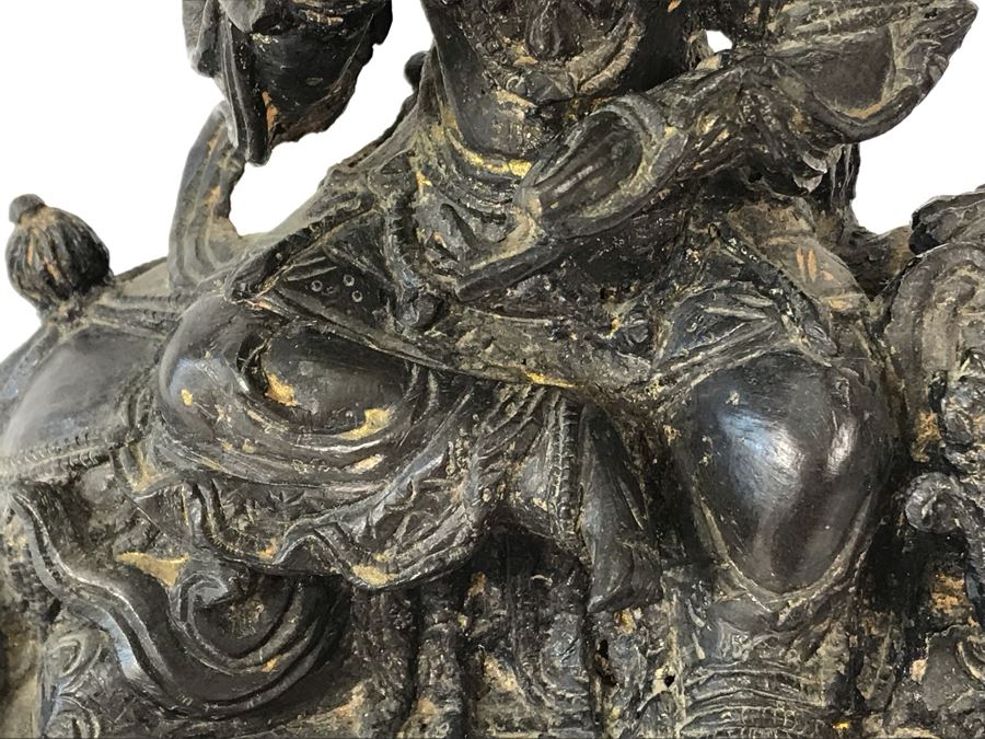Antique Large Bodhisattva Seated On Elephant Gilded Metal Figure Statue 7.5W X 5D X 9.5H With Custom Wooden Base (Wooden Base Has Some Damage) 8W X 5.5D X 2.5H Appraised $2,500-$3,000 In 1994 [Photo 12]
