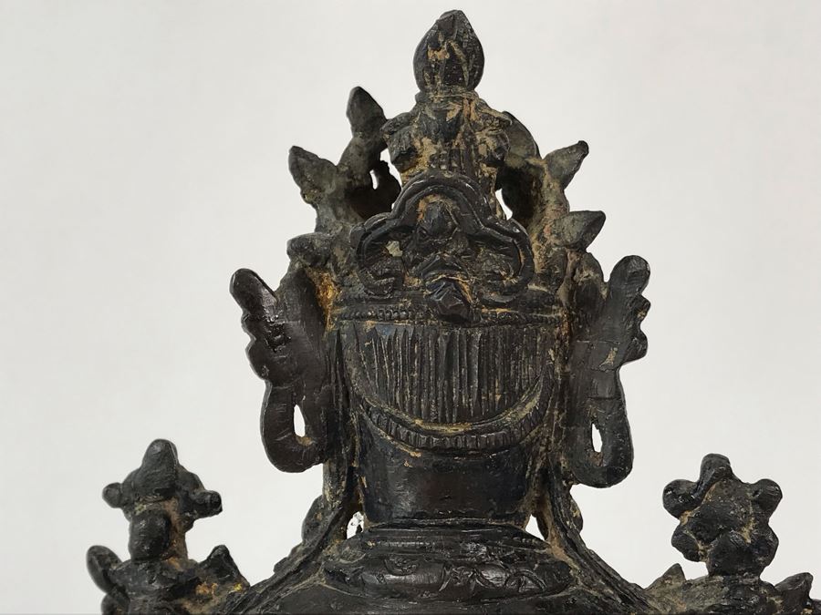 Antique Large Bodhisattva Seated On Elephant Gilded Metal Figure Statue 7.5W X 5D X 9.5H With Custom Wooden Base (Wooden Base Has Some Damage) 8W X 5.5D X 2.5H Appraised $2,500-$3,000 In 1994 [Photo 27]