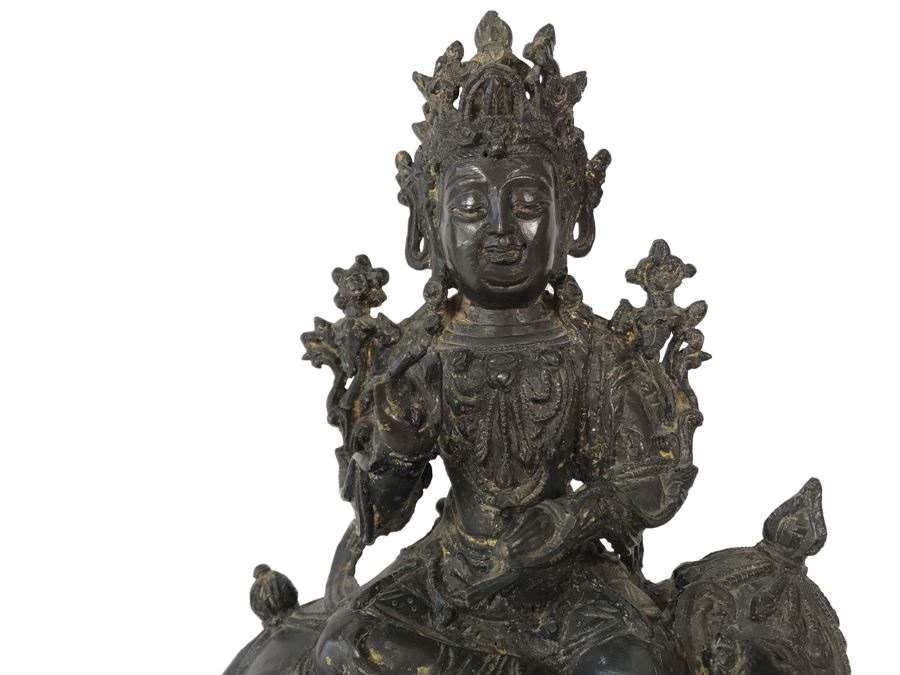 Antique Large Bodhisattva Seated On Elephant Gilded Metal Figure Statue 7.5W X 5D X 9.5H With Custom Wooden Base (Wooden Base Has Some Damage) 8W X 5.5D X 2.5H Appraised $2,500-$3,000 In 1994 [Photo 8]