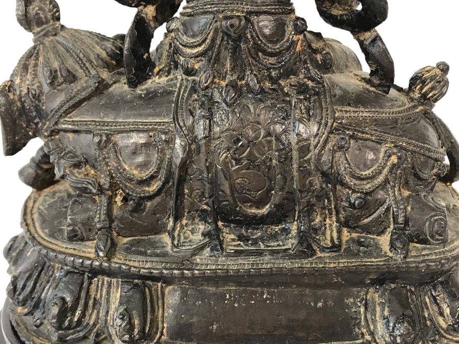 Antique Large Bodhisattva Seated On Elephant Gilded Metal Figure Statue 7.5W X 5D X 9.5H With Custom Wooden Base (Wooden Base Has Some Damage) 8W X 5.5D X 2.5H Appraised $2,500-$3,000 In 1994 [Photo 22]