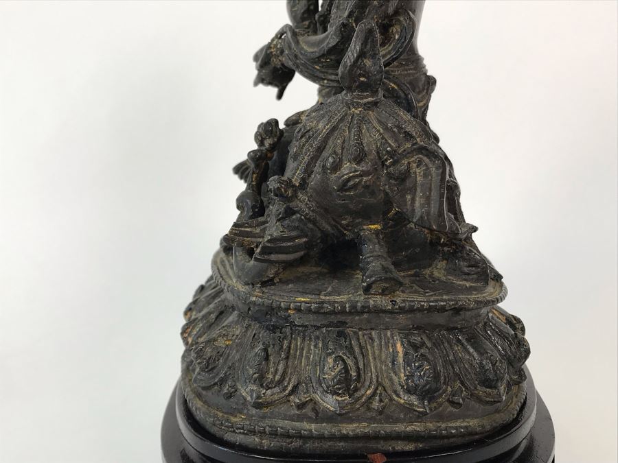 Antique Large Bodhisattva Seated On Elephant Gilded Metal Figure Statue 7.5W X 5D X 9.5H With Custom Wooden Base (Wooden Base Has Some Damage) 8W X 5.5D X 2.5H Appraised $2,500-$3,000 In 1994 [Photo 28]