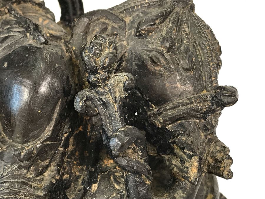 Antique Large Bodhisattva Seated On Elephant Gilded Metal Figure Statue 7.5W X 5D X 9.5H With Custom Wooden Base (Wooden Base Has Some Damage) 8W X 5.5D X 2.5H Appraised $2,500-$3,000 In 1994 [Photo 16]