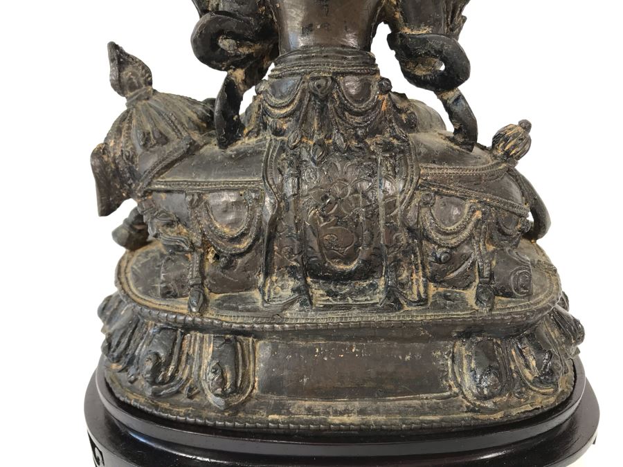 Antique Large Bodhisattva Seated On Elephant Gilded Metal Figure Statue 7.5W X 5D X 9.5H With Custom Wooden Base (Wooden Base Has Some Damage) 8W X 5.5D X 2.5H Appraised $2,500-$3,000 In 1994 [Photo 21]