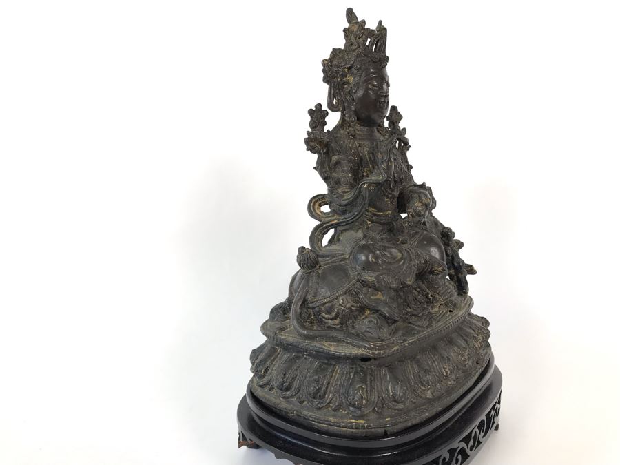 Antique Large Bodhisattva Seated On Elephant Gilded Metal Figure Statue 7.5W X 5D X 9.5H With Custom Wooden Base (Wooden Base Has Some Damage) 8W X 5.5D X 2.5H Appraised $2,500-$3,000 In 1994 [Photo 18]