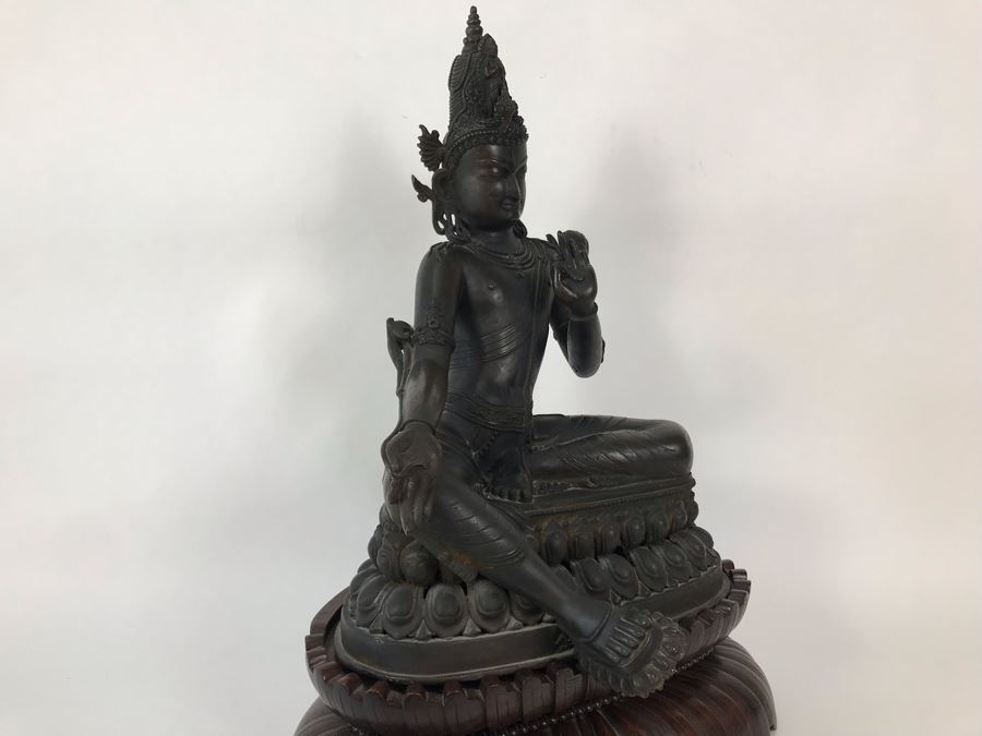 Large Antique Nepalese Metal Sitting Buddha Statue 12W X 10D X 16H With Custom Wooden Stand [Photo 17]