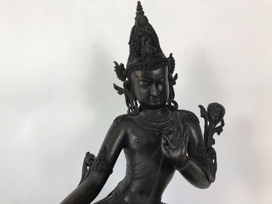 Large Antique Nepalese Metal Sitting Buddha Statue 12W X 10D X 16H With Custom Wooden Stand [Photo 8]
