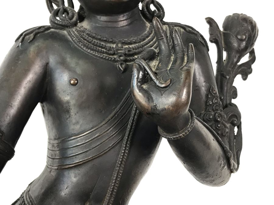 Large Antique Nepalese Metal Sitting Buddha Statue 12W X 10D X 16H With Custom Wooden Stand [Photo 12]