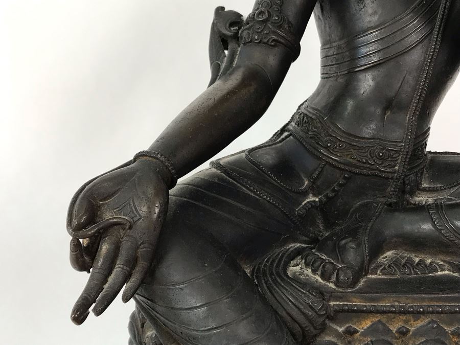 Large Antique Nepalese Metal Sitting Buddha Statue 12W X 10D X 16H With Custom Wooden Stand [Photo 13]